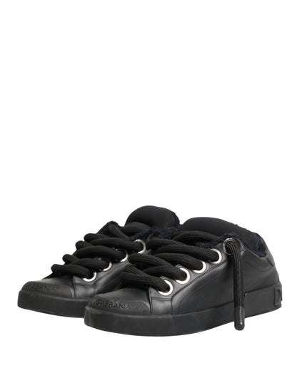 Black Calf Leather Nappa Lace-Up Sneakers Shoes