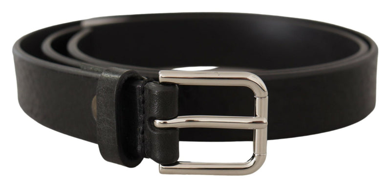 Black Calf Leather Silver Tone Logo Metal Buckle Belt-Dolce & Gabbana-LabelTerrace.com