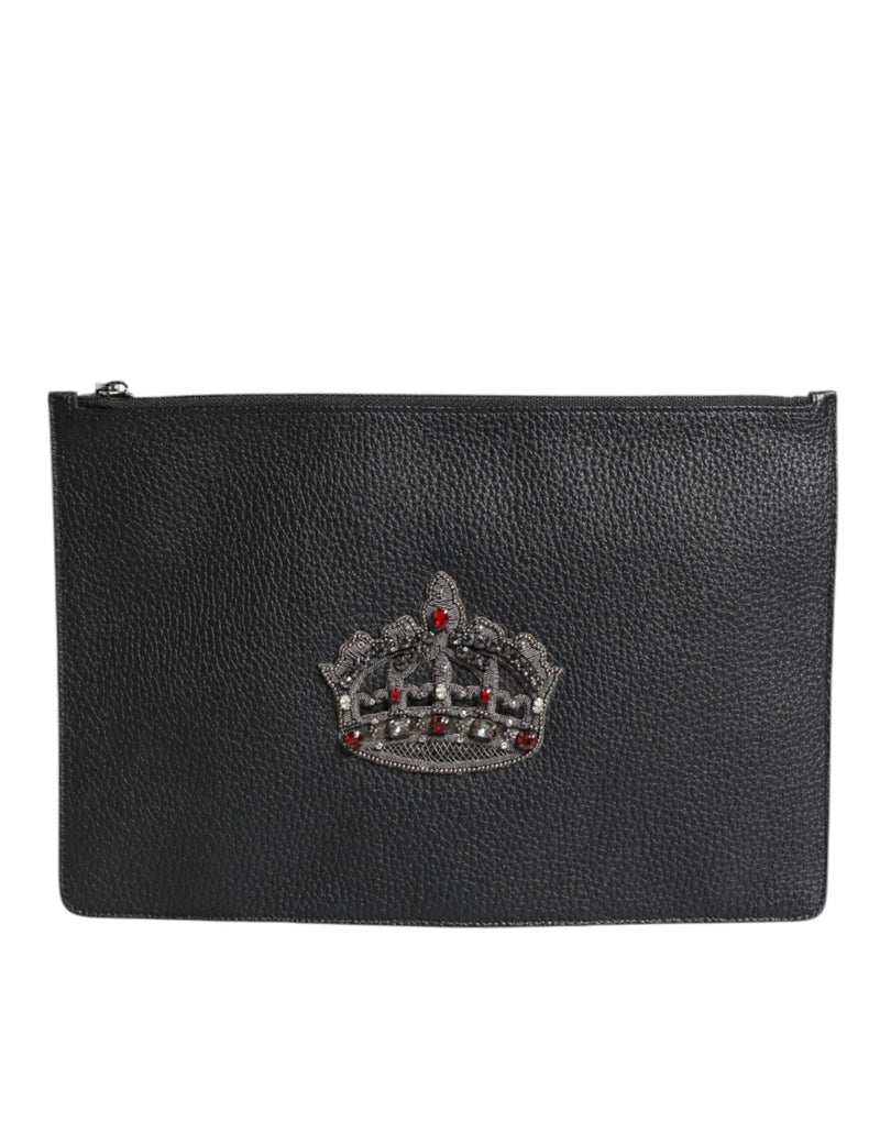 Black Calfskin Crown Embellished Clutch Pouch Bag-Dolce & Gabbana-LabelTerrace.com
