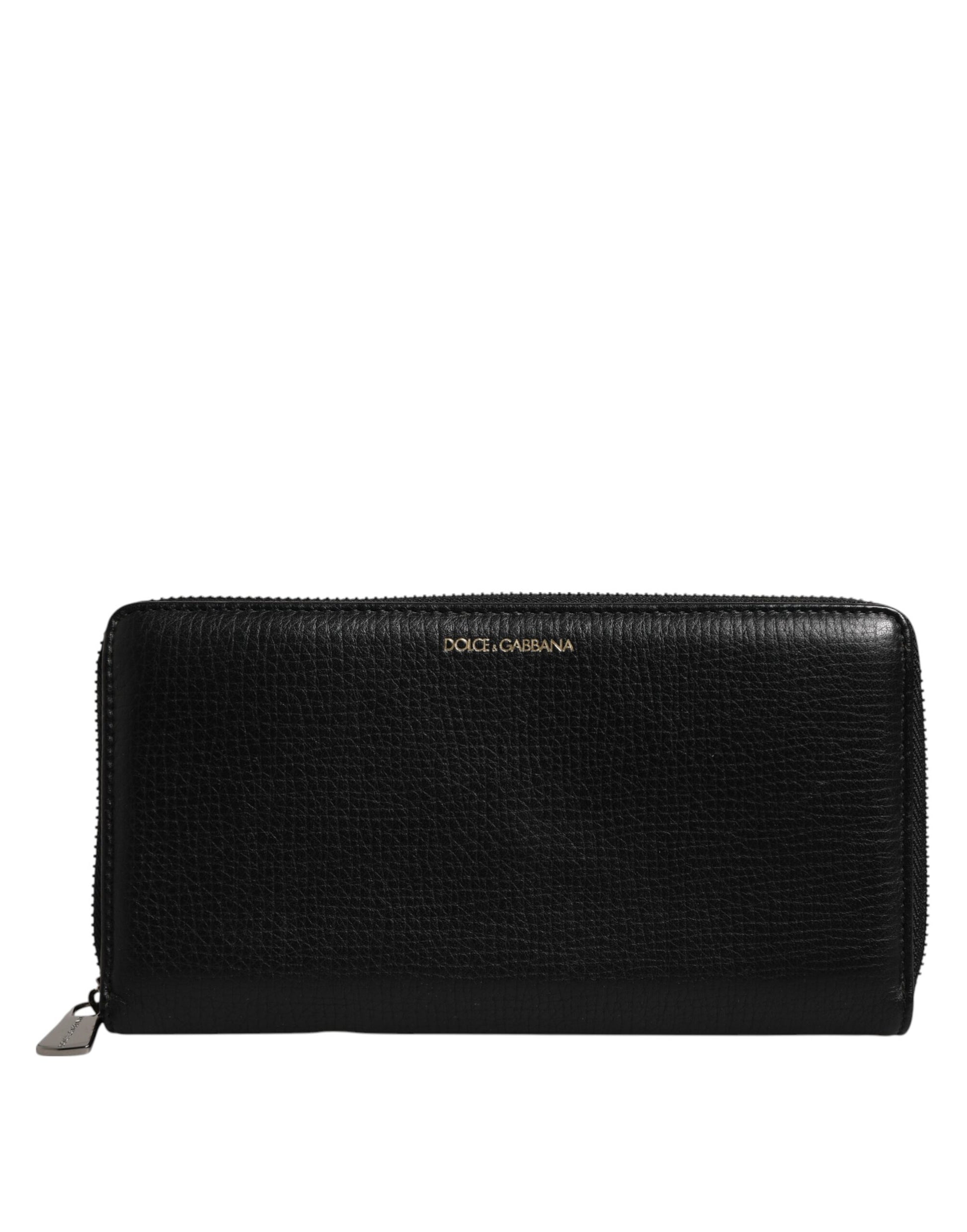 Black Calfskin Leather Logo Zip Around Continental Wallet-Dolce & Gabbana-LabelTerrace.com
