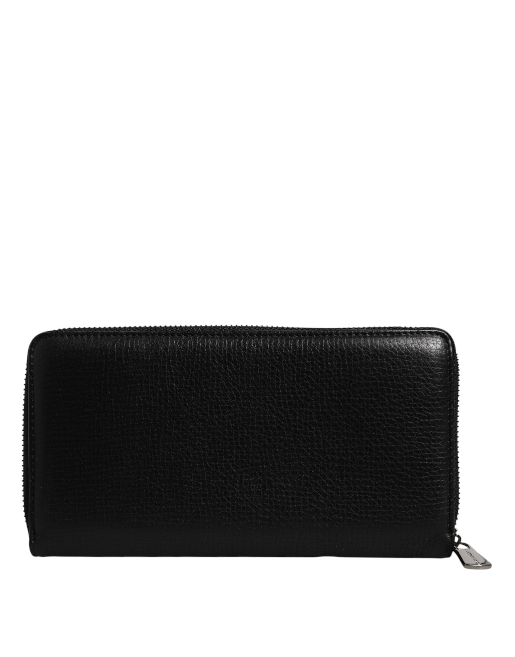 Black Calfskin Leather Logo Zip Around Continental Wallet-Dolce & Gabbana-LabelTerrace.com