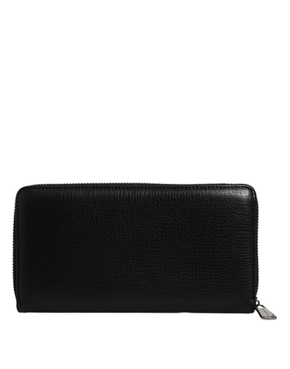 Black Calfskin Leather Logo Zip Around Continental Wallet-Dolce & Gabbana-LabelTerrace.com