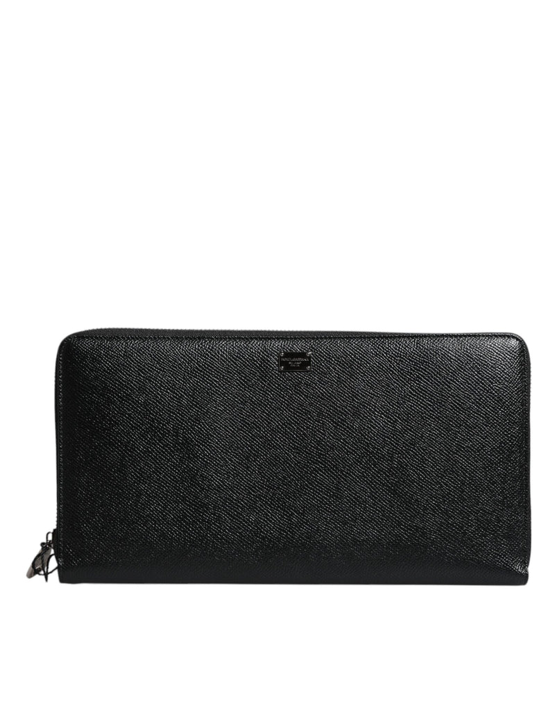 Black Calfskin Leather Logo Zip Around Continental Wallet-Dolce & Gabbana-LabelTerrace.com