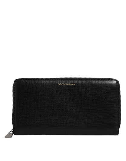 Black Calfskin Leather Logo Zip Around Continental Wallet-Dolce & Gabbana-LabelTerrace.com