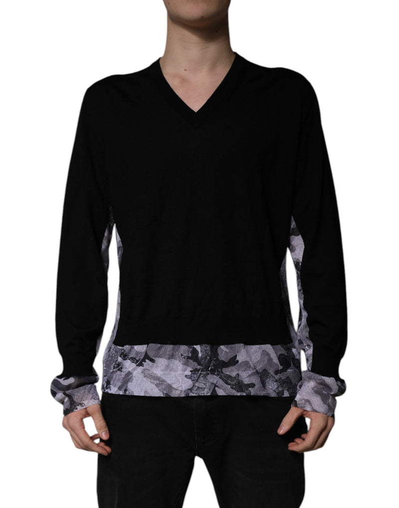 Black Camouflage V-neck Pullover Sweater-Dolce & Gabbana-LabelTerrace.com
