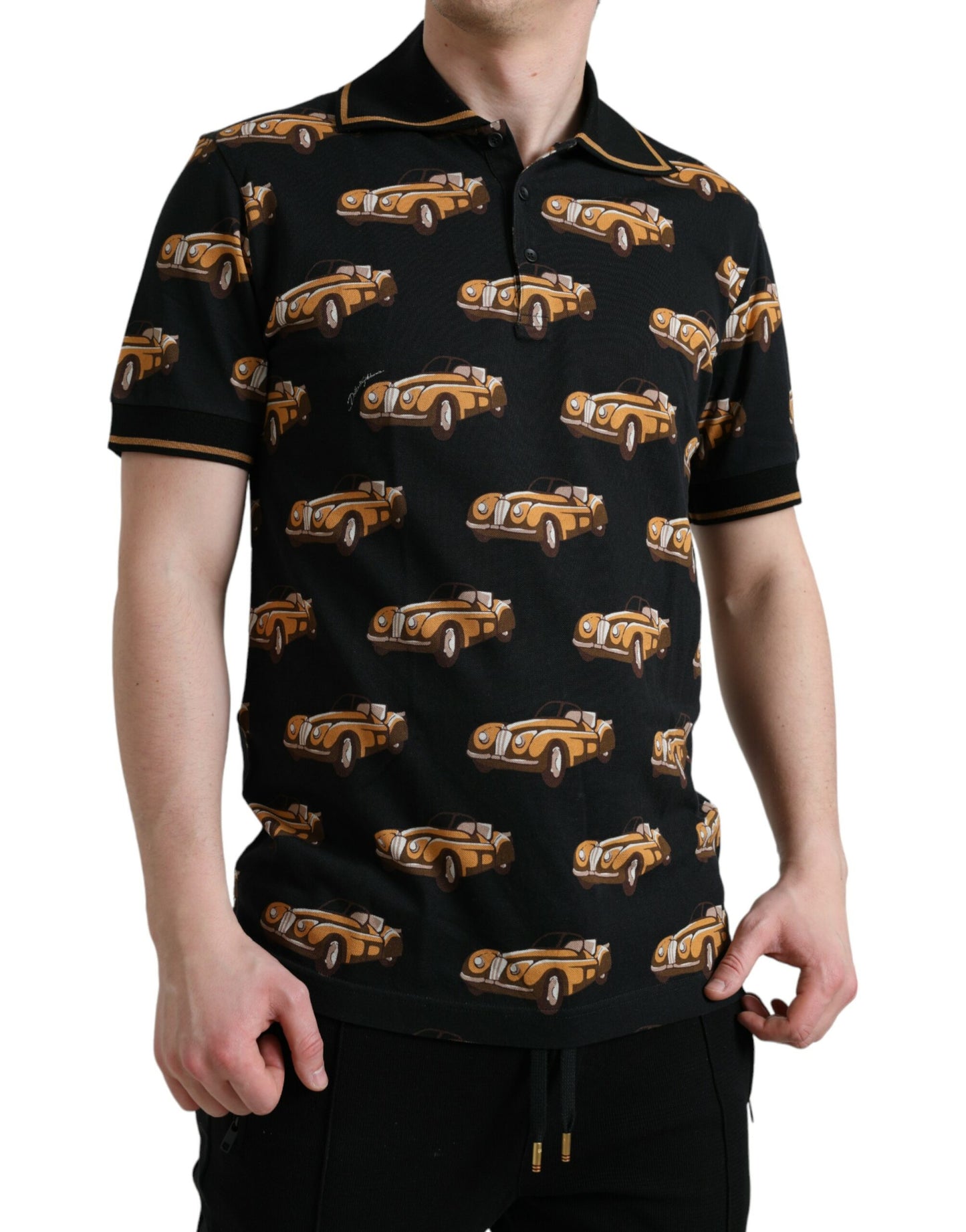 Black Car Print Short Sleeve Polo T-shirt-Dolce & Gabbana-LabelTerrace.com