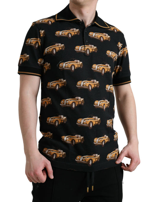 Black Car Print Short Sleeve Polo T-shirt-Dolce & Gabbana-LabelTerrace.com