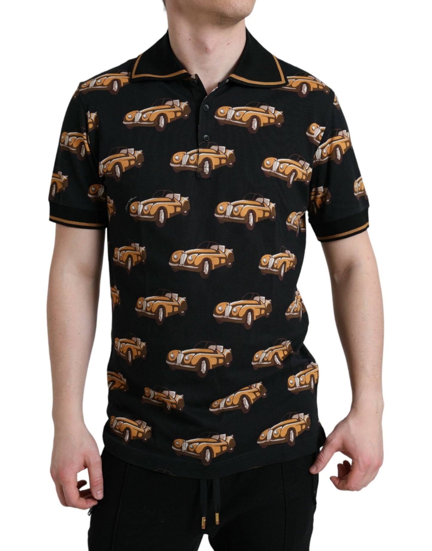 Black Car Print Short Sleeve Polo T-shirt-Dolce & Gabbana-LabelTerrace.com