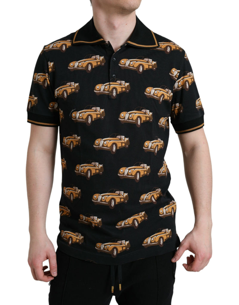 Black Car Print Short Sleeve Polo T-shirt-Dolce & Gabbana-LabelTerrace.com