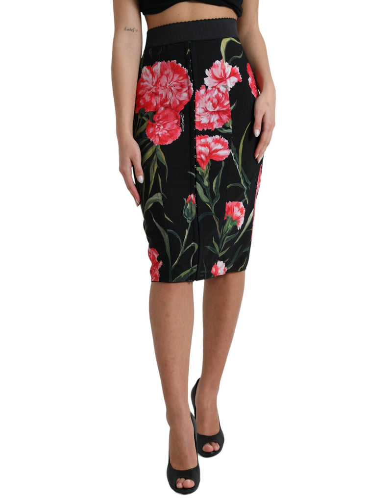 Black Carnation Pencil Cut Knee Length Skirt-Dolce & Gabbana-LabelTerrace.com
