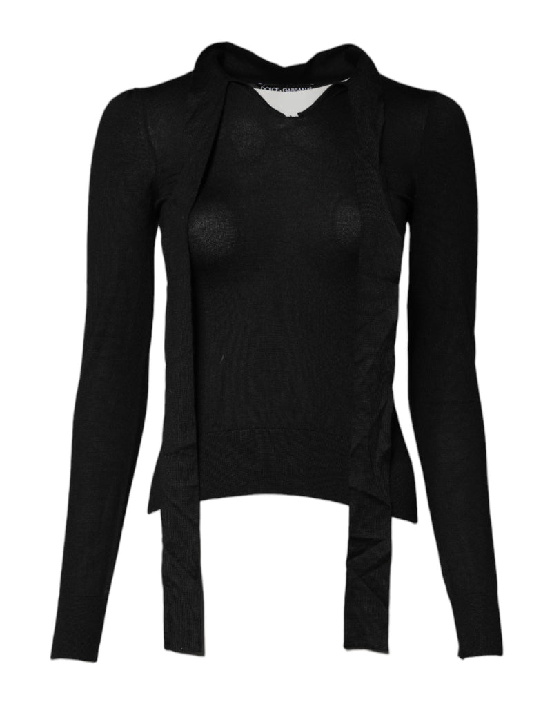 Black Cashmere Ascot Collar Long Sleeve Top-Dolce & Gabbana-LabelTerrace.com