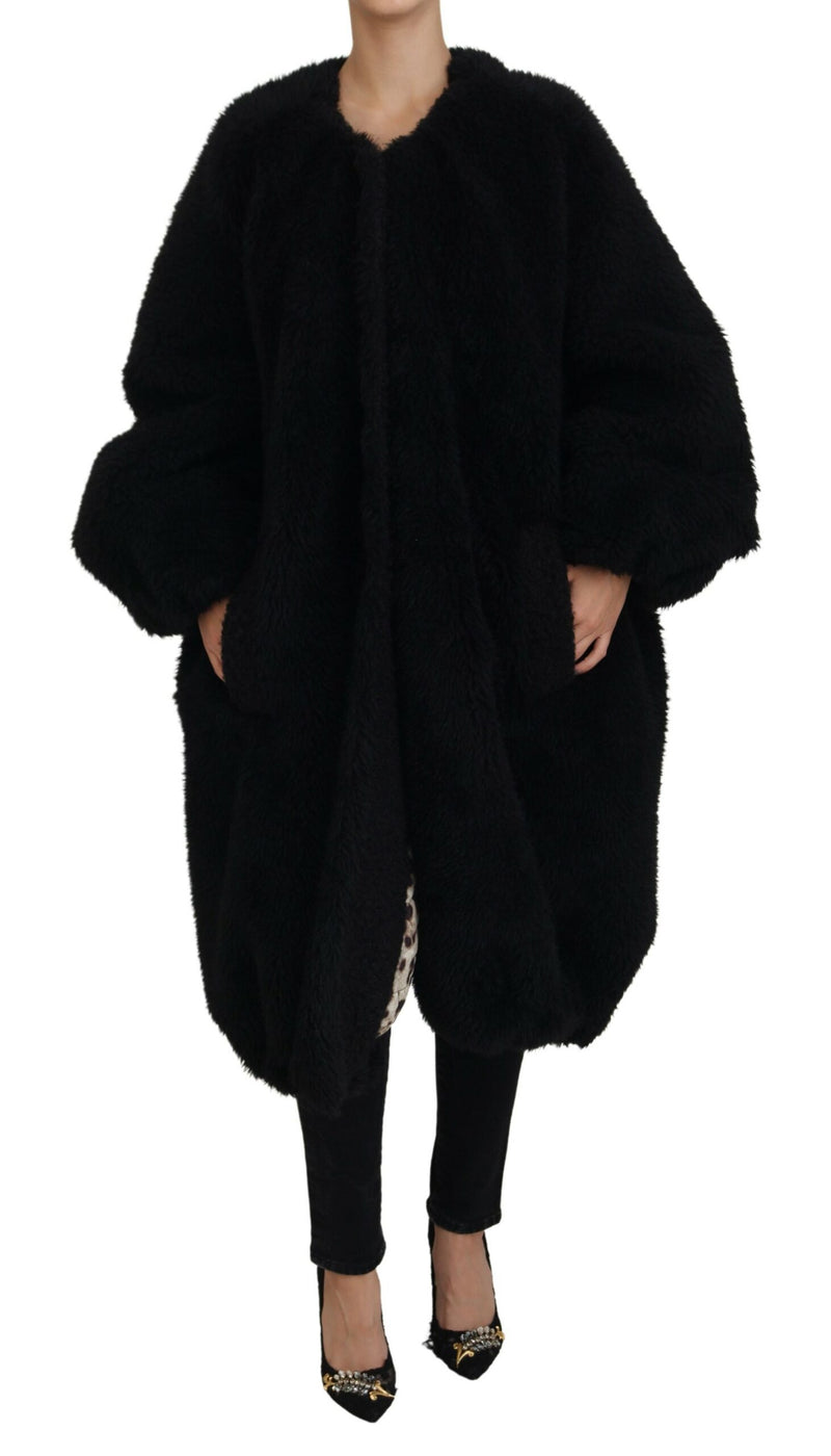 Black Cashmere Blend Faux Fur Coat Jacket-Dolce & Gabbana-LabelTerrace.com