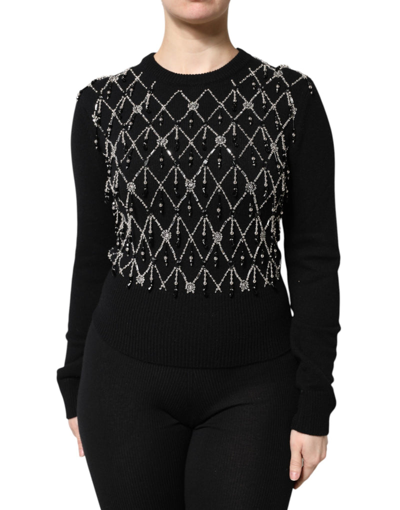 Black Cashmere Embellished Long Sleeves Top-Dolce & Gabbana-LabelTerrace.com