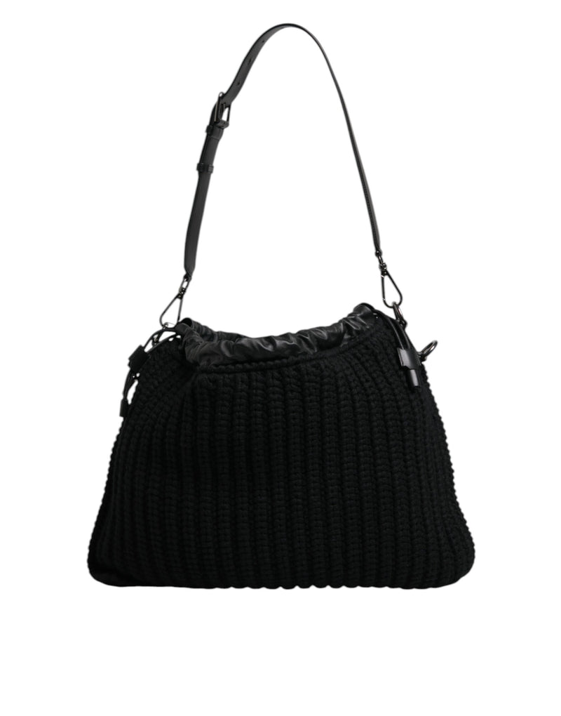 Black Cashmere Knitted Leather Shoulder Bag-Dolce & Gabbana-LabelTerrace.com