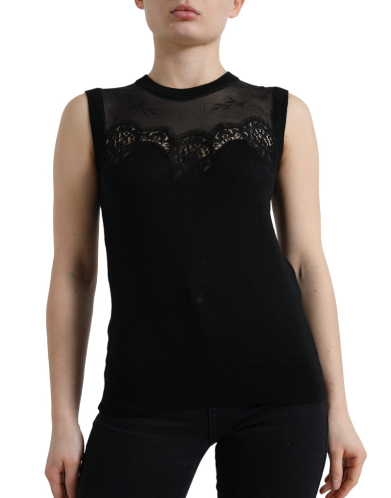 Black Cashmere Lace Trim Sleeveless Tank Top-Dolce & Gabbana-LabelTerrace.com