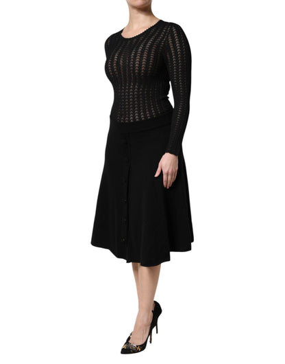 Black Cashmere Long Sleeves A-line Midi Dress-Dolce & Gabbana-LabelTerrace.com