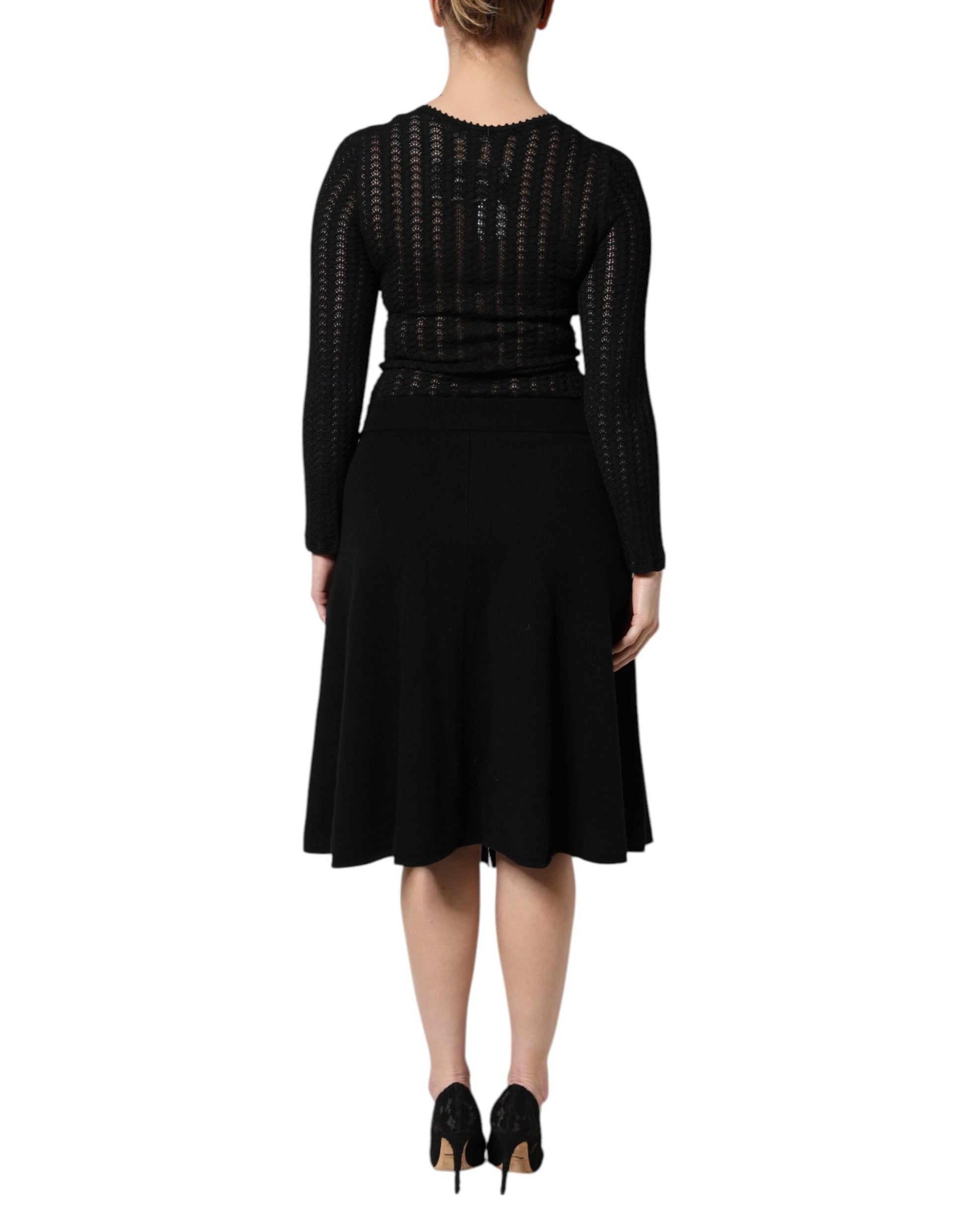 Black Cashmere Long Sleeves A-line Midi Dress-Dolce & Gabbana-LabelTerrace.com