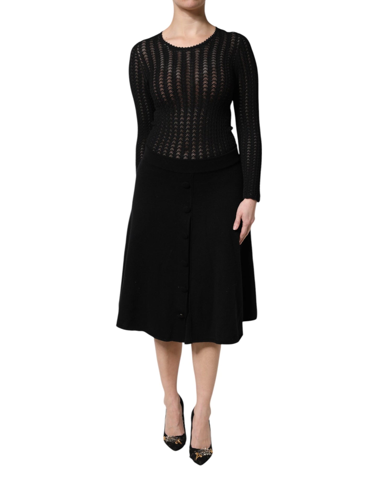 Black Cashmere Long Sleeves A-line Midi Dress-Dolce & Gabbana-LabelTerrace.com