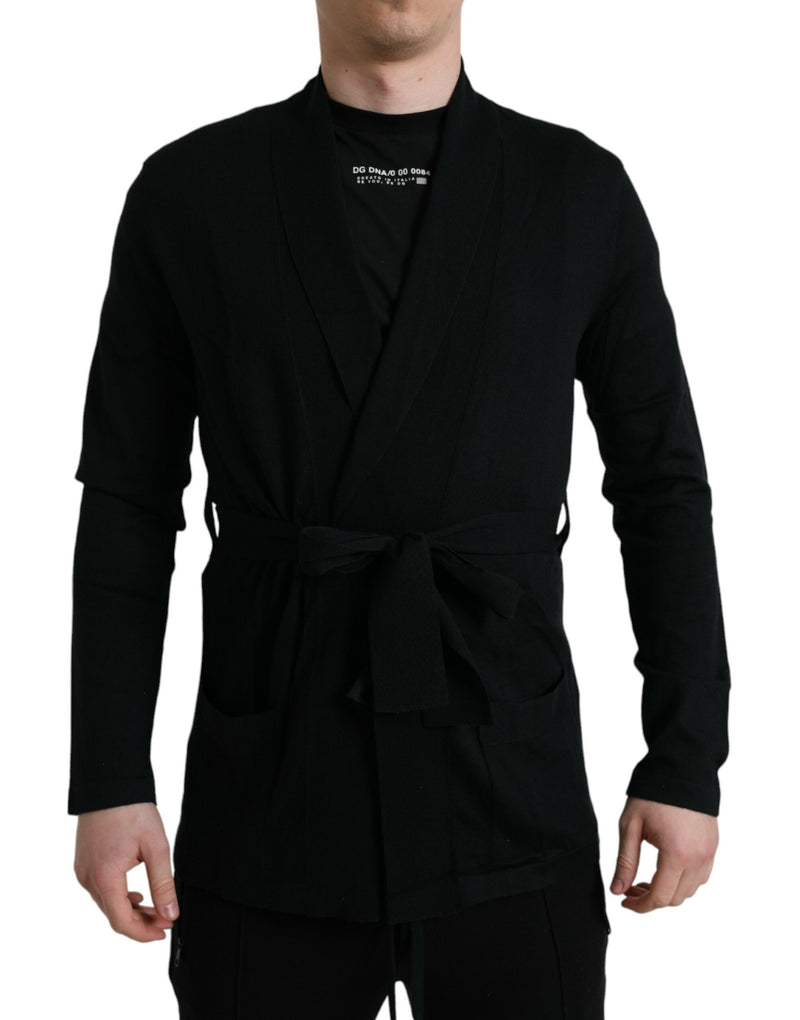 Black Cashmere Long Sleeves Belted Wrap Robe-Dolce & Gabbana-LabelTerrace.com