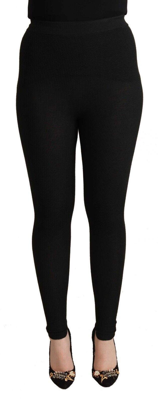 Black Cashmere Stretch Waist Tights Pants-Dolce & Gabbana-LabelTerrace.com
