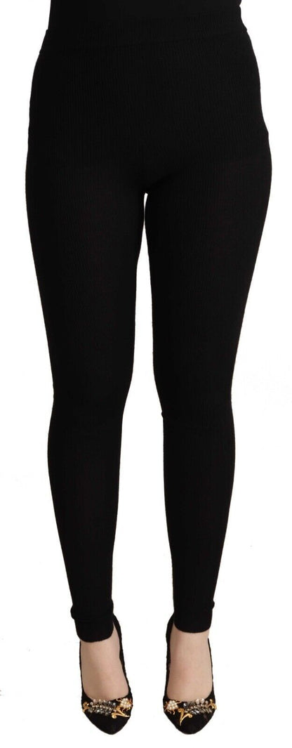 Black Cashmere Stretch Waist Tights Pants-Dolce & Gabbana-LabelTerrace.com