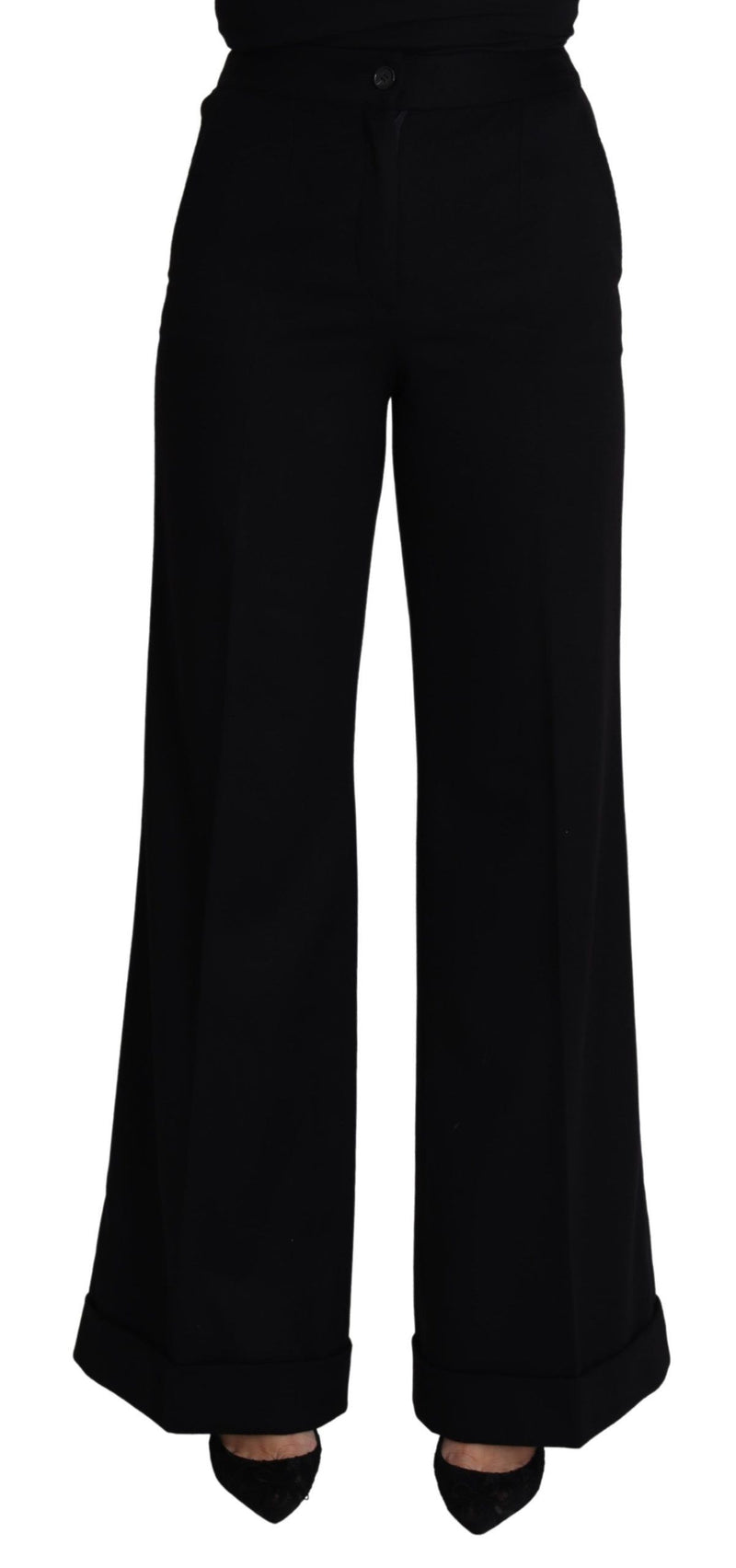 Black Cashmere Wide Leg Women Trouser Pants-Dolce & Gabbana-LabelTerrace.com