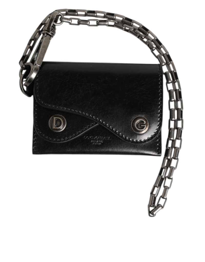 Black Cavallo Leather Wallet Chain Snap Bifold Card Holder-Dolce & Gabbana-LabelTerrace.com