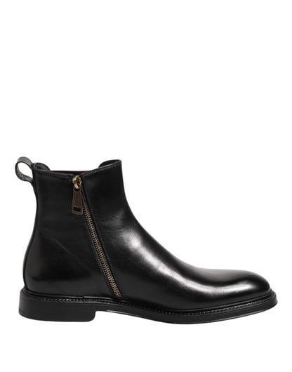 Black Chelsea Leather Mid Calf Boots Shoes-Dolce & Gabbana-LabelTerrace.com