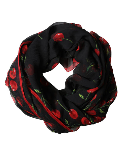Black Cherry Print Silk Shawl Stole 190cm x 122cm Scarf