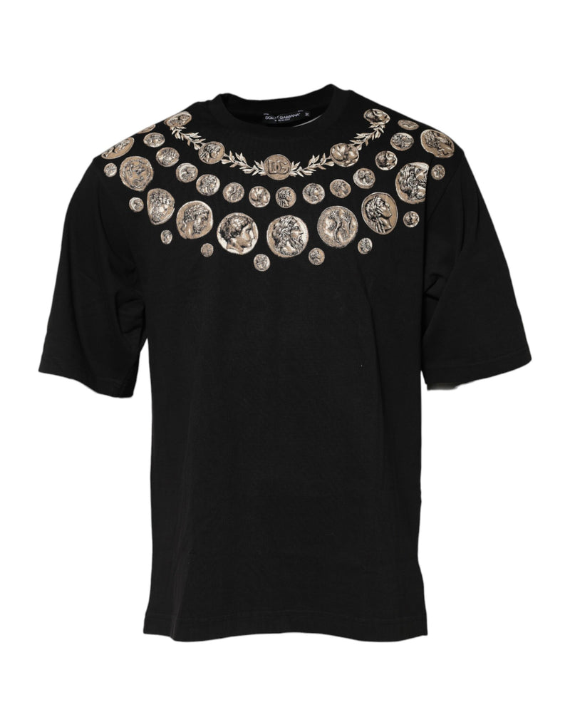 Black Coin Print Cotton Crew Neck T-shirt-Dolce & Gabbana-LabelTerrace.com