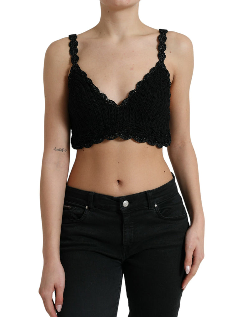 Black Cotton Bustier Cropped Crochet Tank Top-Dolce & Gabbana-LabelTerrace.com