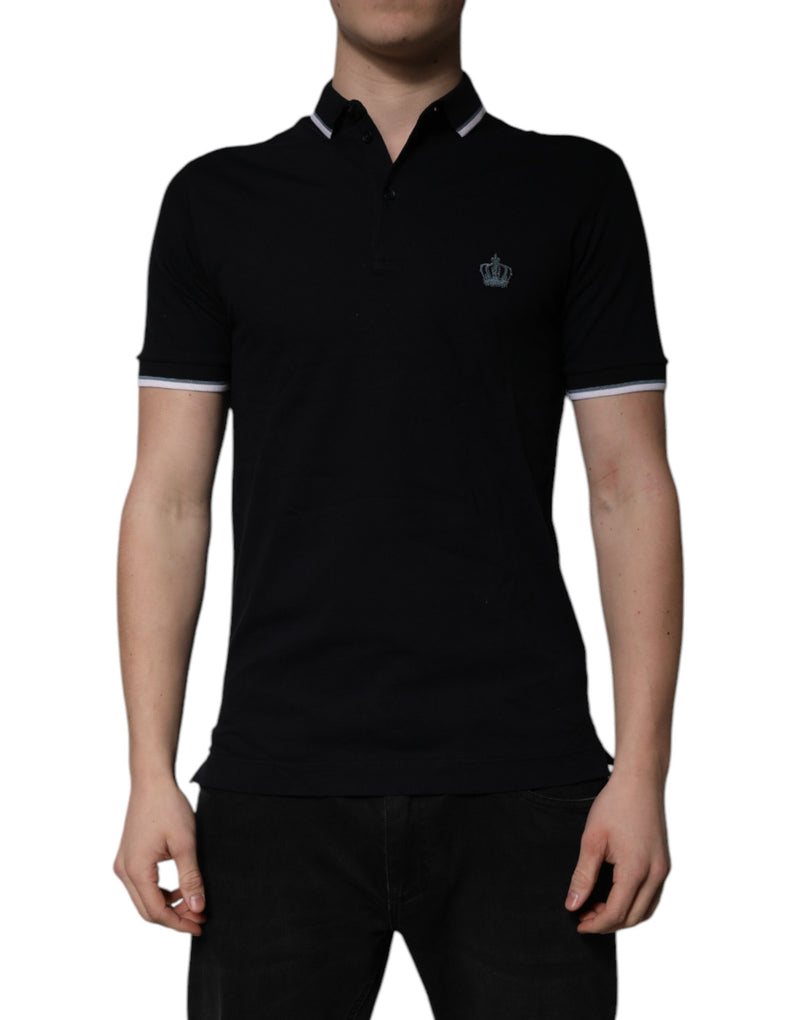 Black Cotton Crown Collared Polo T-shirt-Dolce & Gabbana-LabelTerrace.com