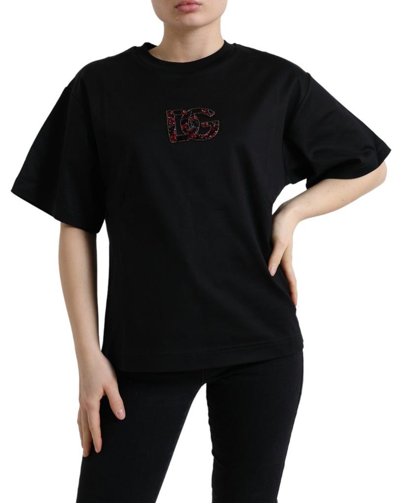 Black Cotton DG Crystal Crewneck Tee T-shirt-Dolce & Gabbana-LabelTerrace.com