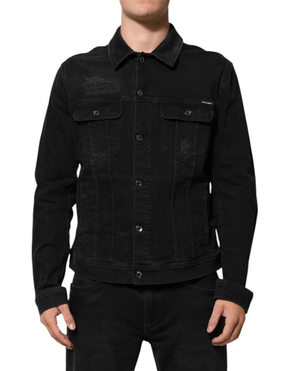 Black Cotton Denim Stretch Button Up Jacket-Dolce & Gabbana-LabelTerrace.com