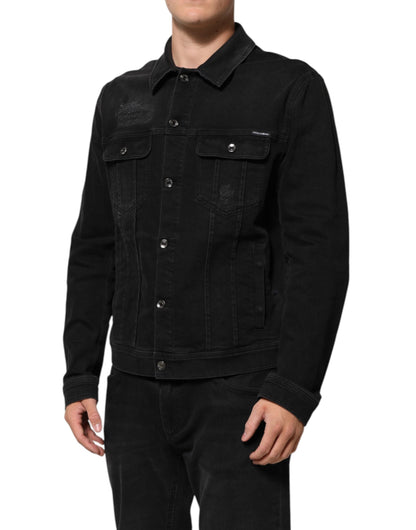 Black Cotton Denim Stretch Button Up Jacket-Dolce & Gabbana-LabelTerrace.com