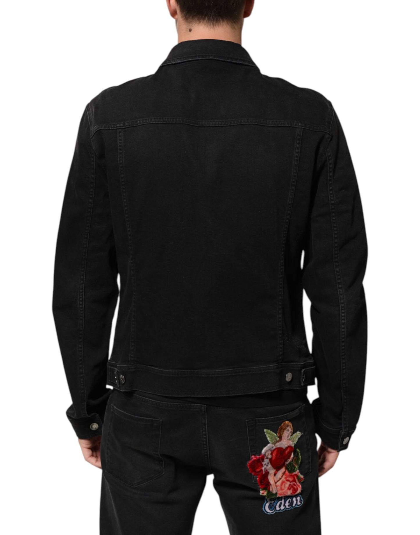 Black Cotton Denim Stretch Button Up Jacket-Dolce & Gabbana-LabelTerrace.com