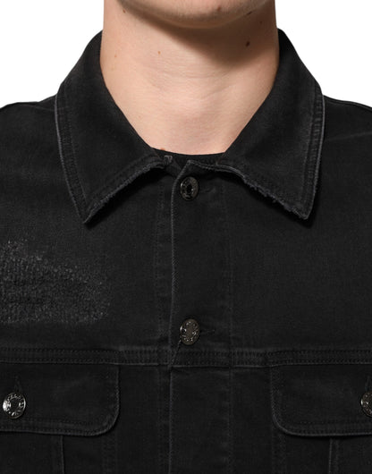 Black Cotton Denim Stretch Button Up Jacket-Dolce & Gabbana-LabelTerrace.com