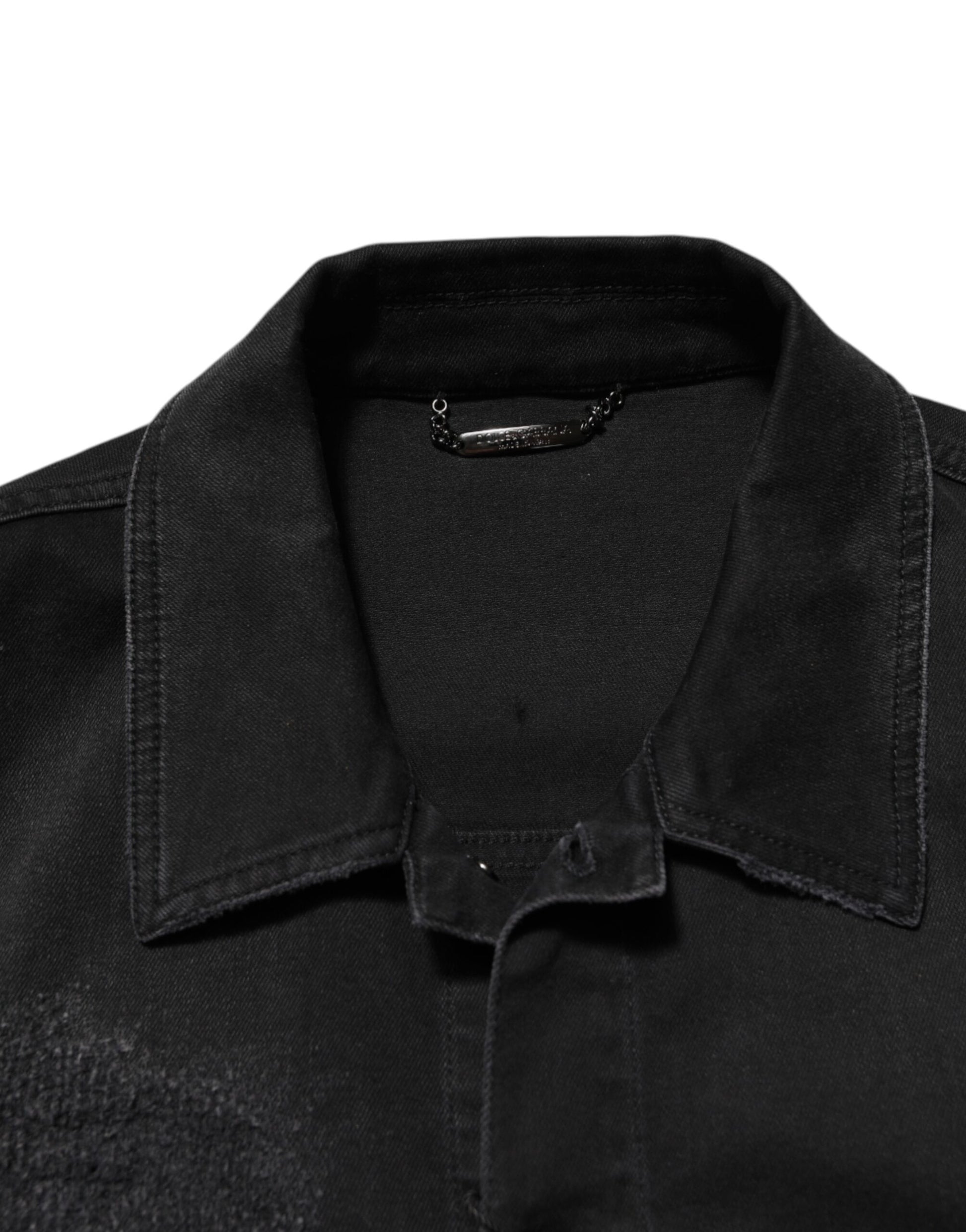 Black Cotton Denim Stretch Button Up Jacket-Dolce & Gabbana-LabelTerrace.com