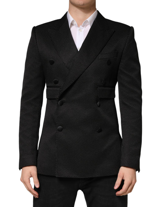 Black Cotton Double Breasted 2 Button Blazer