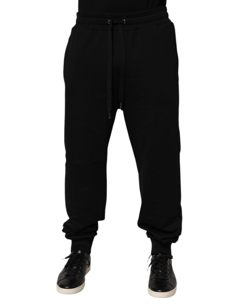 Black Cotton Drawstring Logo Sweatpants Pants-Dolce & Gabbana-LabelTerrace.com