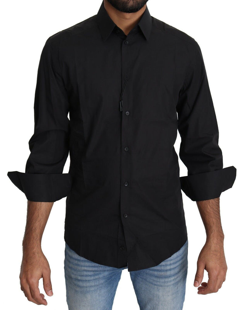 Black Cotton Formal Dress Men Top Shirt-Dolce & Gabbana-LabelTerrace.com