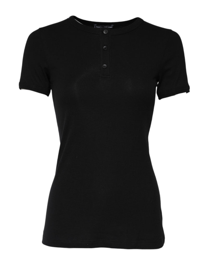 Black Cotton Henley Short Sleeves Top T-shirt-Dolce & Gabbana-LabelTerrace.com
