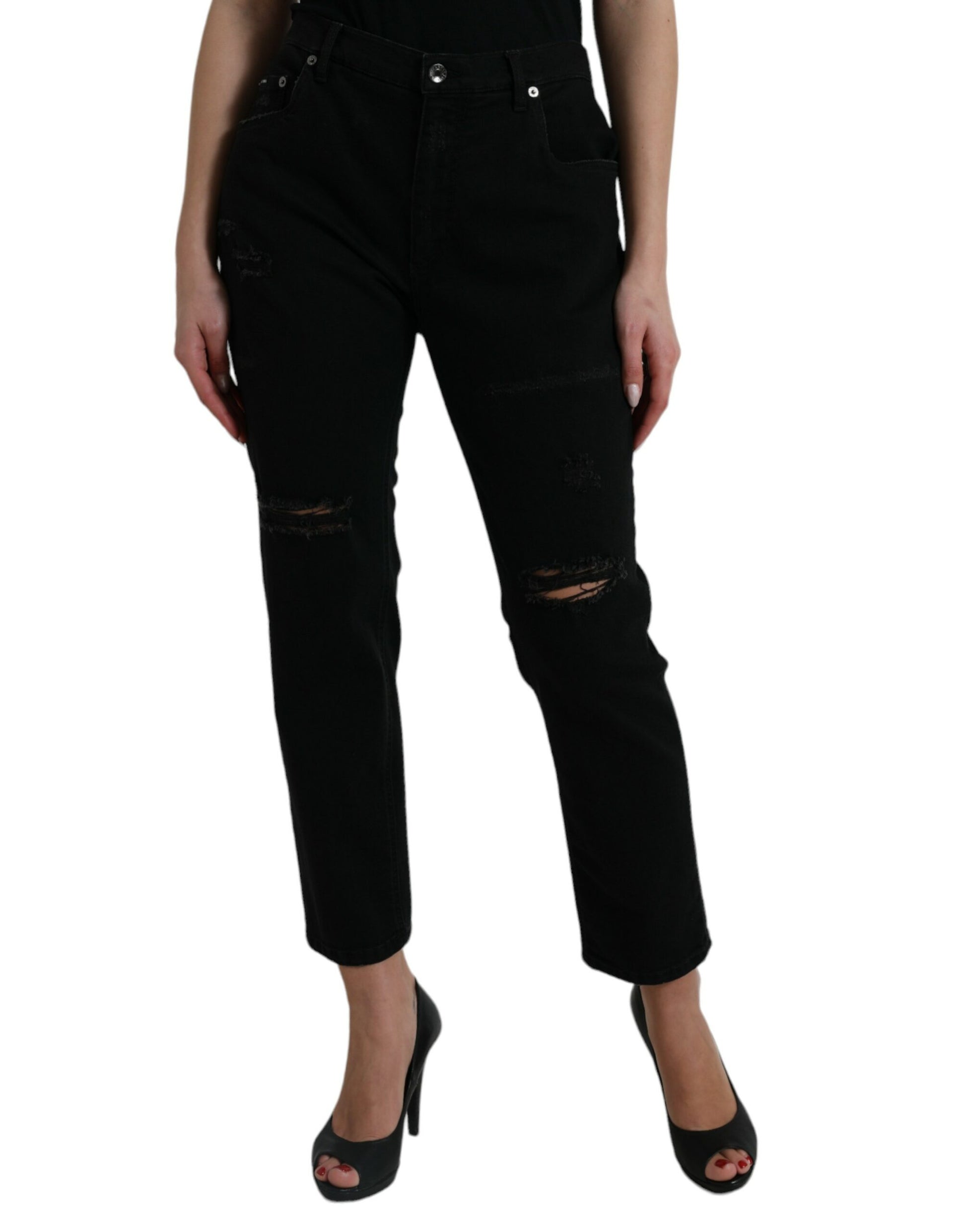 Black Cotton High Waist Tattered Denim Jeans-Dolce & Gabbana-LabelTerrace.com