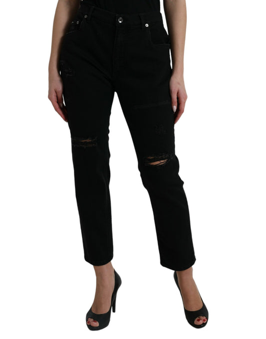 Black Cotton High Waist Tattered Denim Jeans-Dolce & Gabbana-LabelTerrace.com