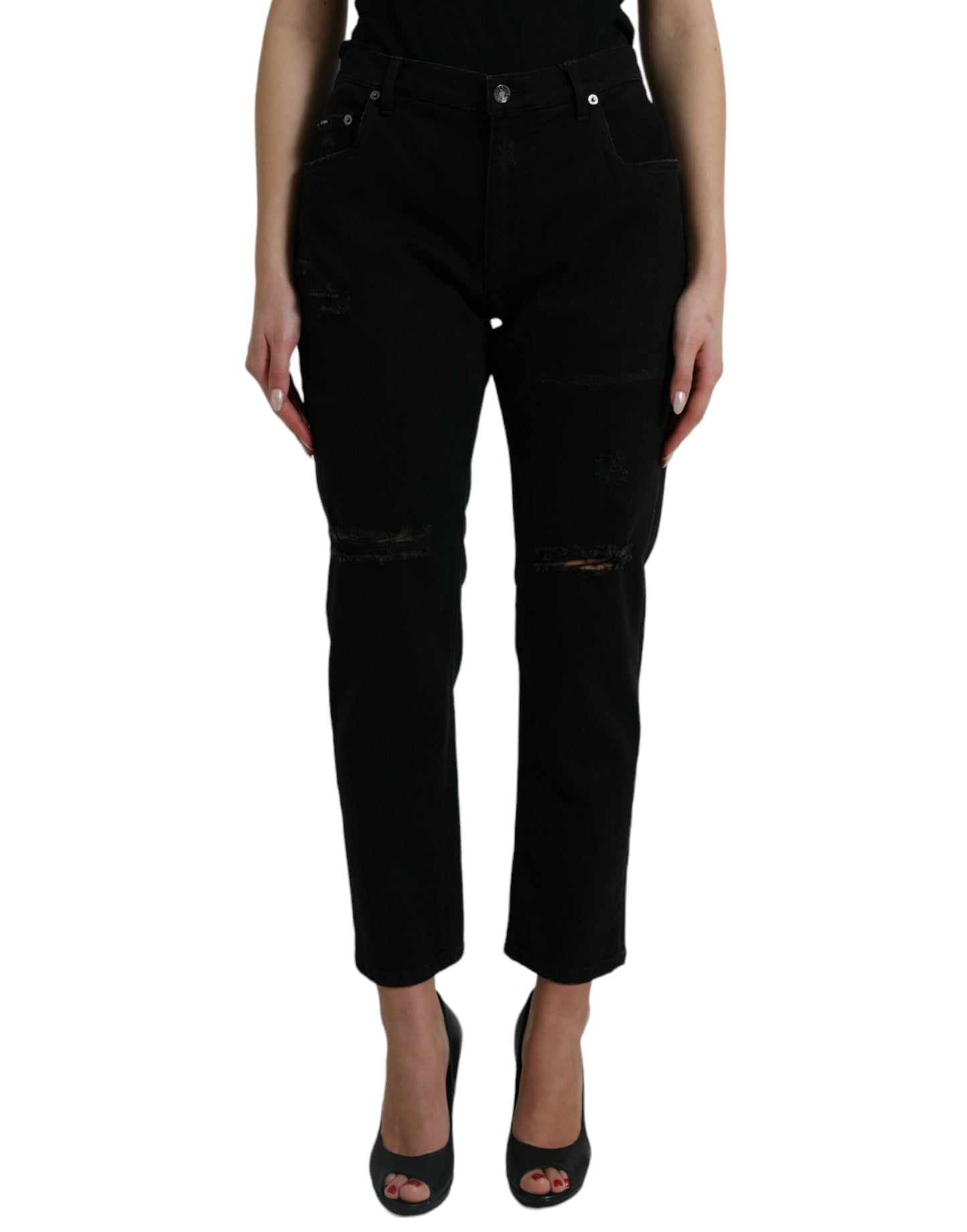 Black Cotton High Waist Tattered Denim Jeans-Dolce & Gabbana-LabelTerrace.com