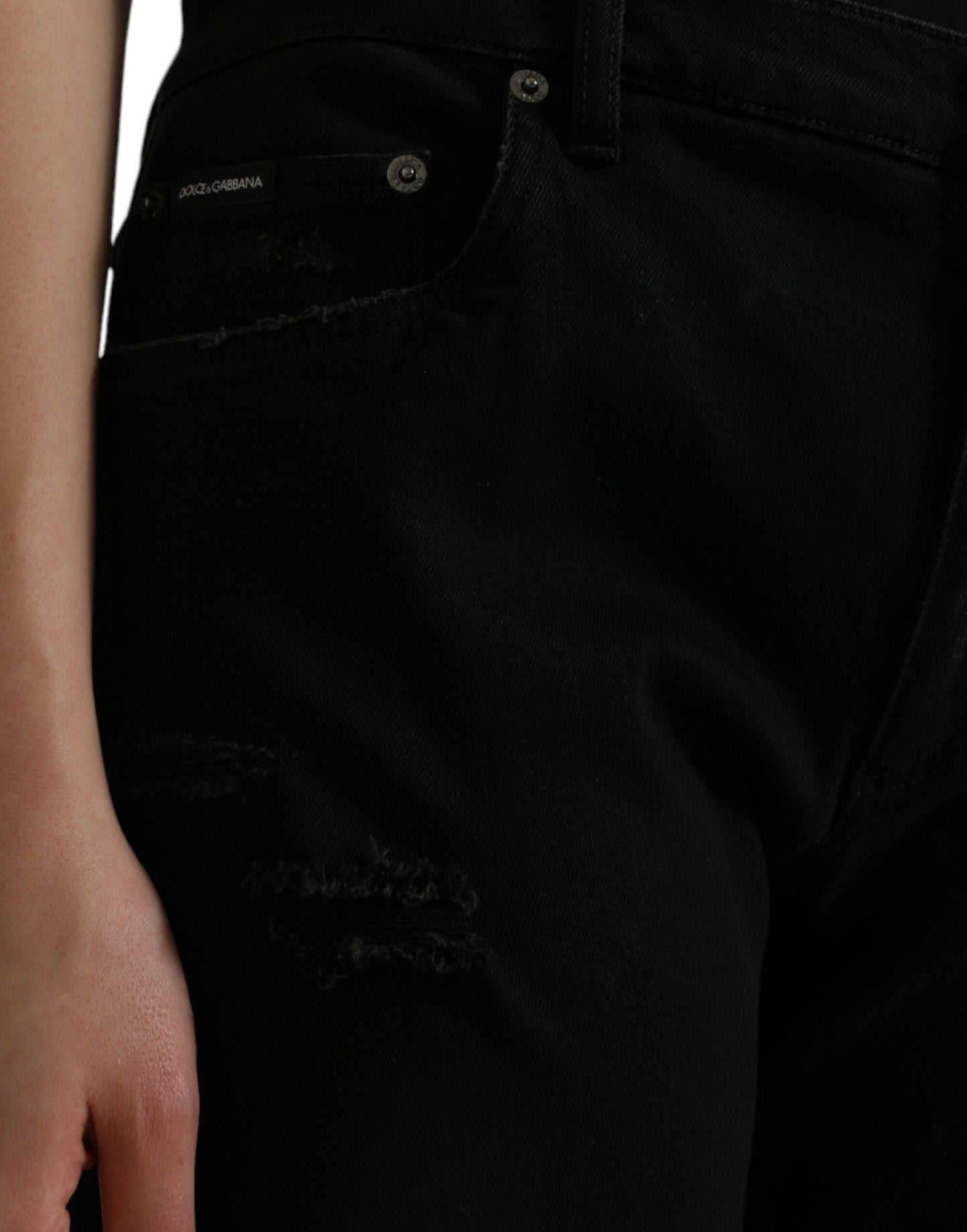 Black Cotton High Waist Tattered Denim Jeans-Dolce & Gabbana-LabelTerrace.com