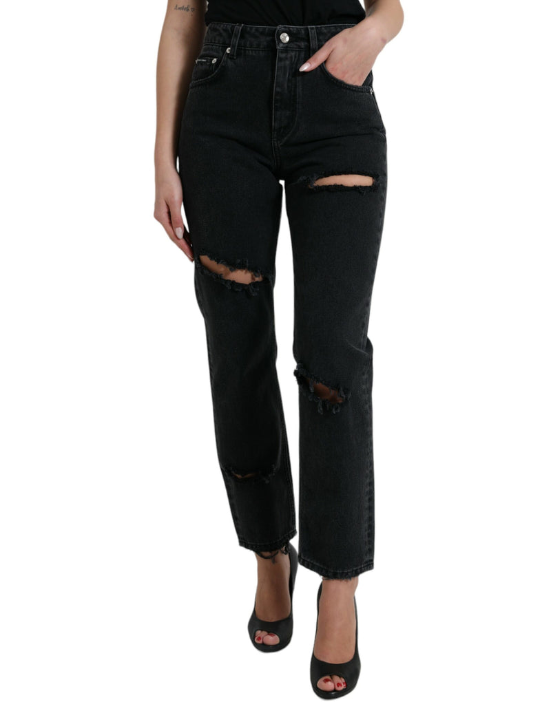 Black Cotton High Waist Tattered Denim Jeans-Dolce & Gabbana-LabelTerrace.com