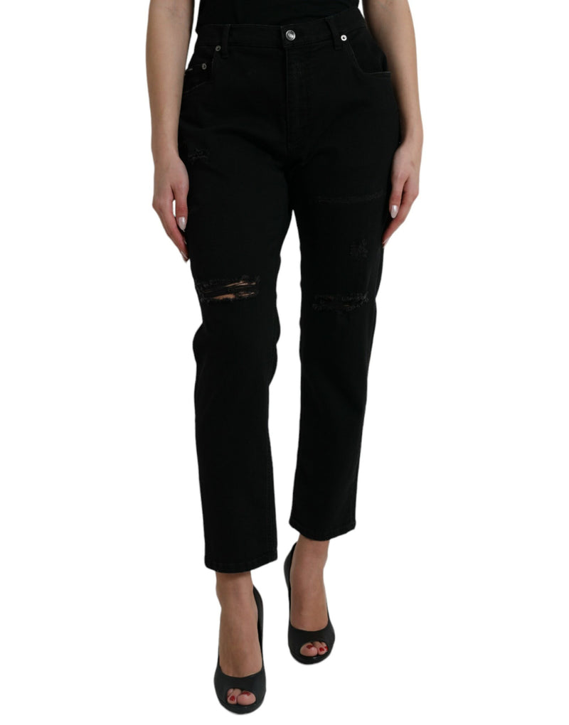 Black Cotton High Waist Tattered Denim Jeans-Dolce & Gabbana-LabelTerrace.com