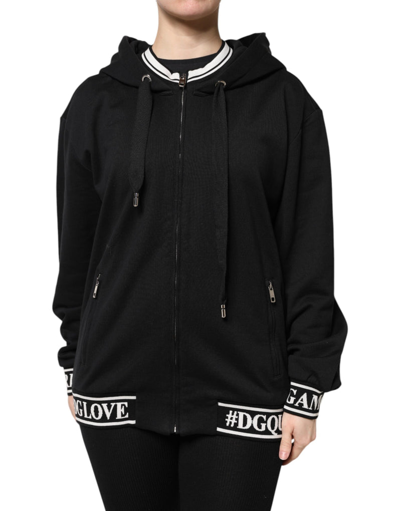 Black Cotton Hooded Full Zip Sweatshirt Sweater-Dolce & Gabbana-LabelTerrace.com