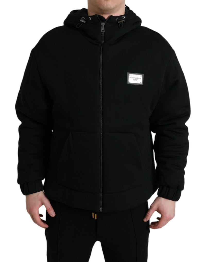 Black Cotton Hooded Logo Bomber Jacket-Dolce & Gabbana-LabelTerrace.com